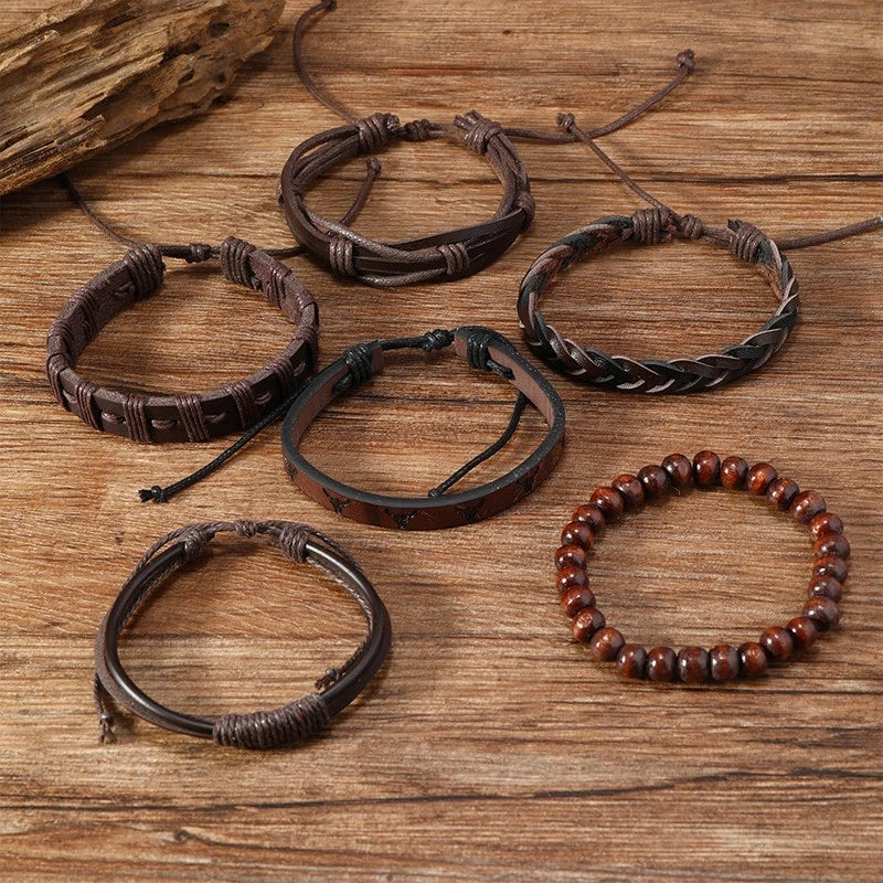 Set of 6 woven leather bracelets, unisex, adjustable, in black and brown.