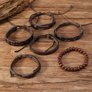 Set of 6 woven leather bracelets, unisex, adjustable, in black and brown.