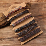 Set of 6 woven leather bracelets, unisex, adjustable, in black and brown.