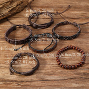 Set of 6 woven leather bracelets, unisex, adjustable, in black and brown.