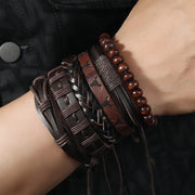 Set of 6 woven leather bracelets, unisex, adjustable, in black and brown.