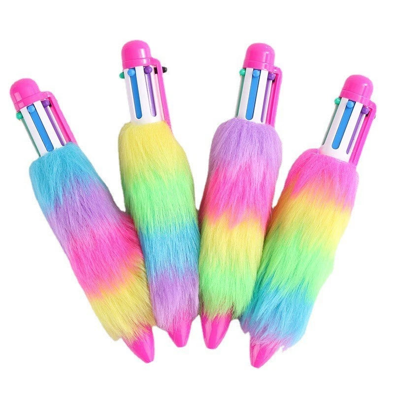 Rainbow Plush Ballpoint Pens (4 pieces) - Colorful six-color retractable pens