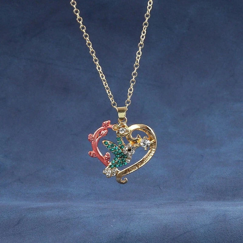Rose heart-shaped pendant Hummingbird necklace/Birthday and Valentine's Day gift