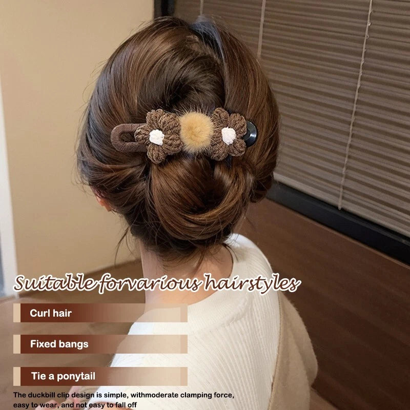 2 hair clips with plush flowers - dark coffee color (11.5 cm), duck beak clip