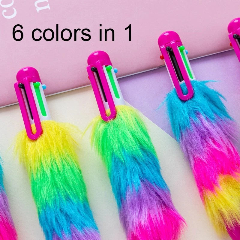 Rainbow Plush Ballpoint Pens (4 pieces) - Colorful six-color retractable pens
