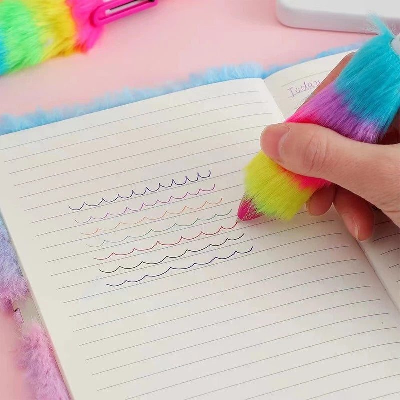 Rainbow Plush Ballpoint Pens (4 pieces) - Colorful six-color retractable pens