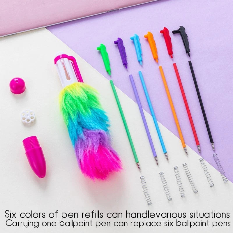 Rainbow Plush Ballpoint Pens (4 pieces) - Colorful six-color retractable pens