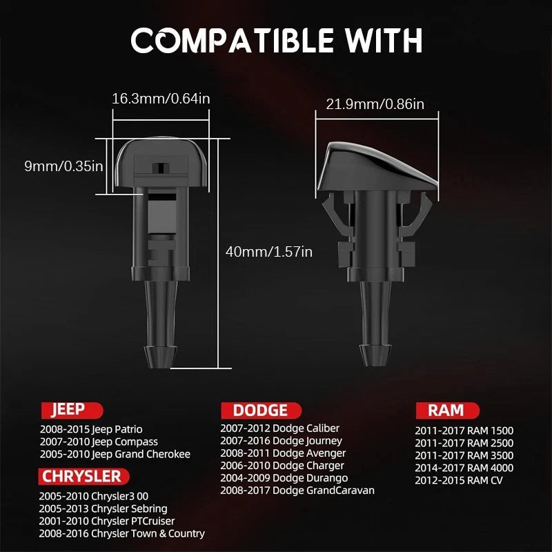 Car windshield washer nozzles, suitable for Jeep, Dodge, Ram, and Chrysler-1pair