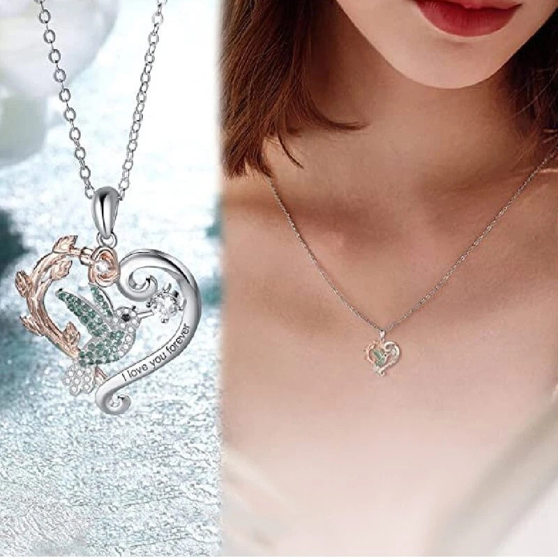 Rose heart-shaped pendant Hummingbird necklace/Birthday and Valentine's Day gift