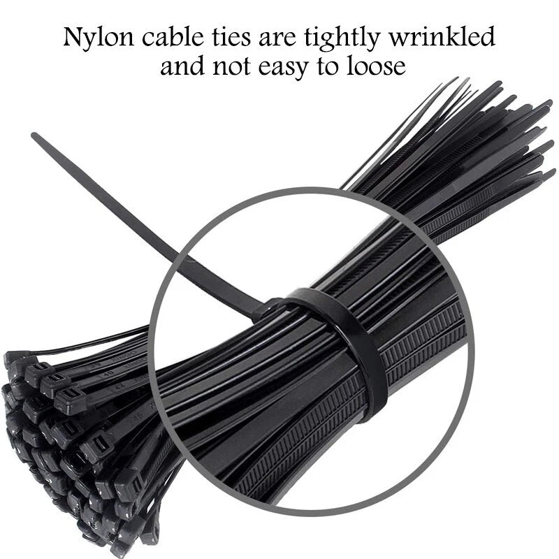 10-inch zipper cable ties, black, suitable for both indoor and outdoor use