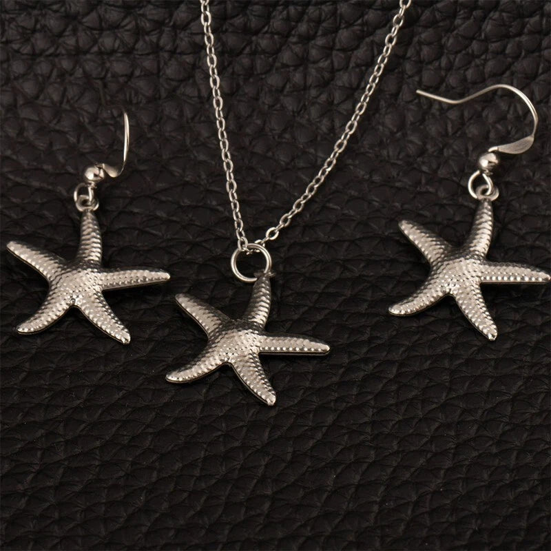 Ocean-Themed Starfish Pendant Necklace Set, Elegant Silver Jewelry