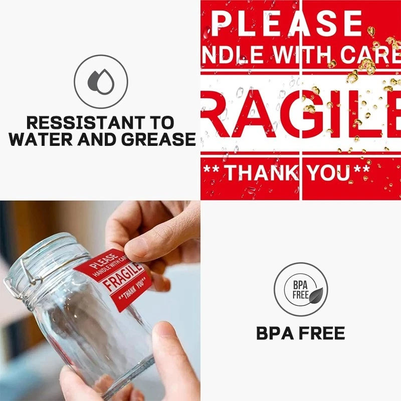 10 red fragile sticker warning labels (5x9 cm) for shipping and packaging boxes