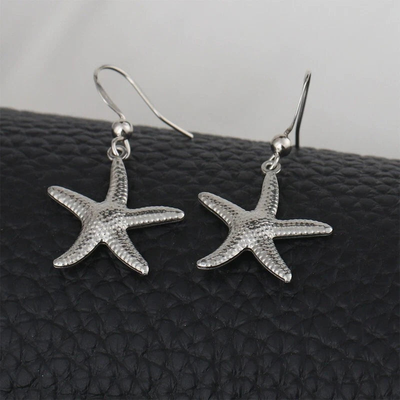 Ocean-Themed Starfish Pendant Necklace Set, Elegant Silver Jewelry