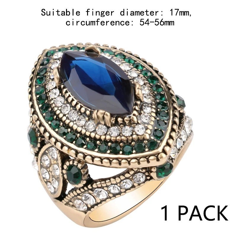 Vintage blue turquoise wide ring resin crystal ring, women's ring accessories