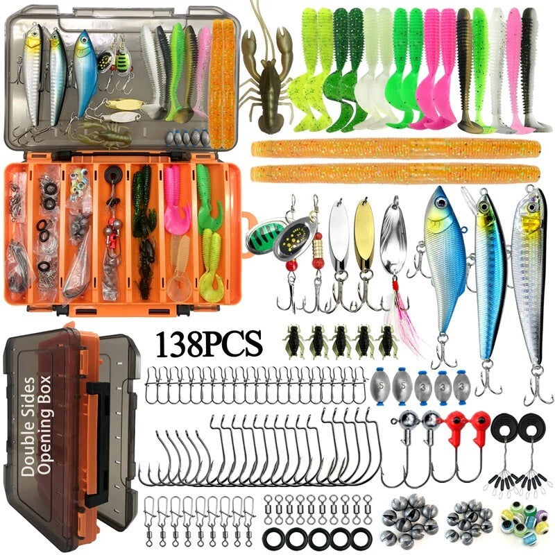 138 Bait sets - Fishing gear box with spoon bait, soft plastic worms and bait