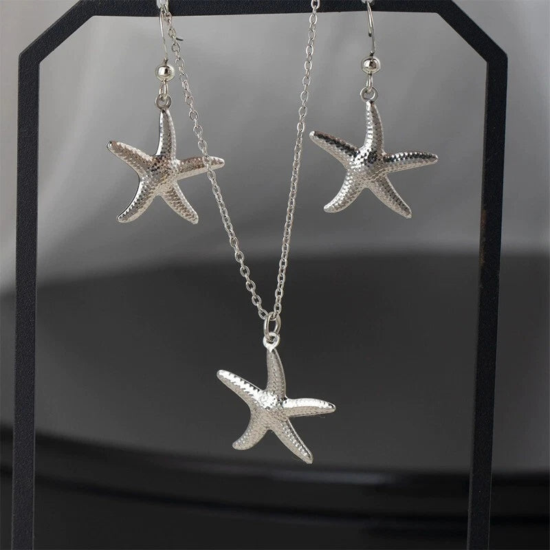 Ocean-Themed Starfish Pendant Necklace Set, Elegant Silver Jewelry