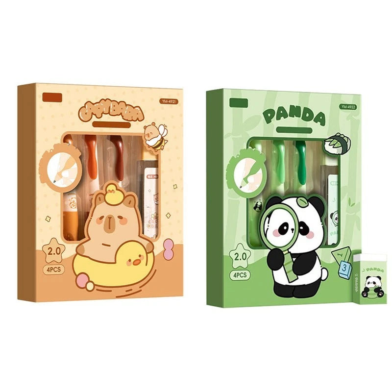 Panda/Capybara Cartoon Automatic Pencil Set - Four Pens + Refill Leads + Eraser