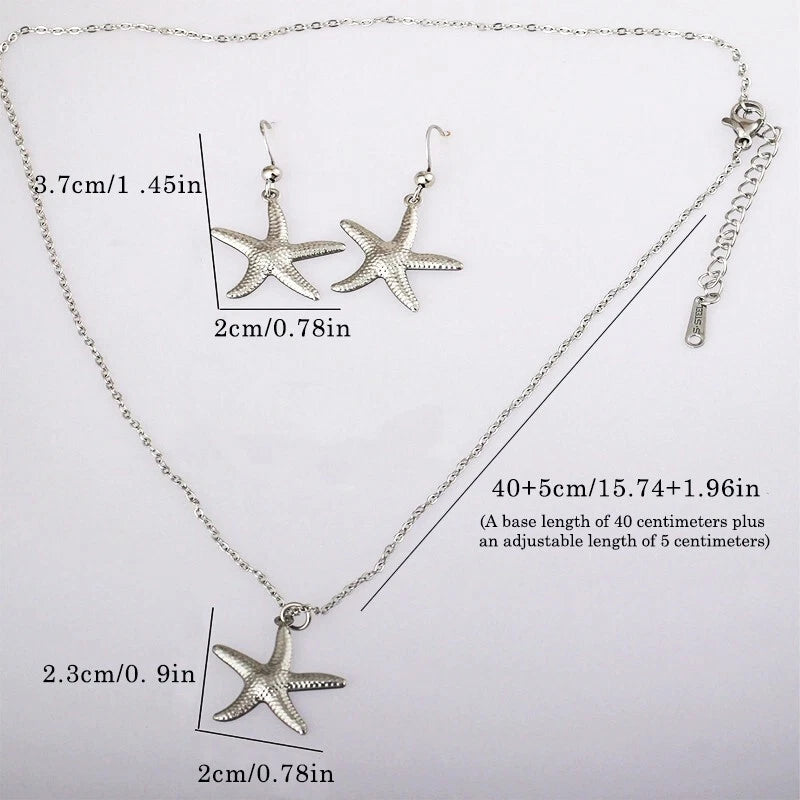 Ocean-Themed Starfish Pendant Necklace Set, Elegant Silver Jewelry