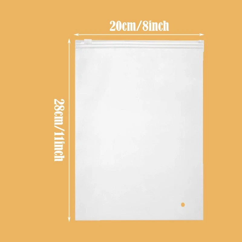 20 frosted zipper garment bags, 8x11in, bulk packaging, with ventilation holes.