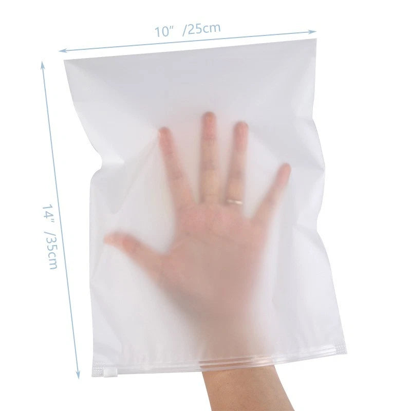 20 frosted zipper garment bags, 10x14in, bulk packaging, with ventilation holes.