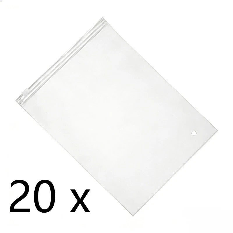 20 frosted zipper garment bags, 10x14in, bulk packaging, with ventilation holes.