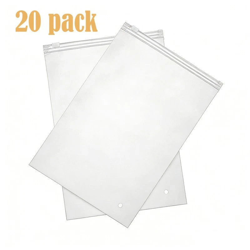20 frosted zipper garment bags, 8x11in, bulk packaging, with ventilation holes.