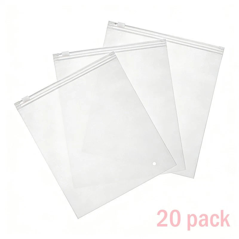 20 frosted zipper garment bags, 7x8in, bulk packaging, with ventilation holes.